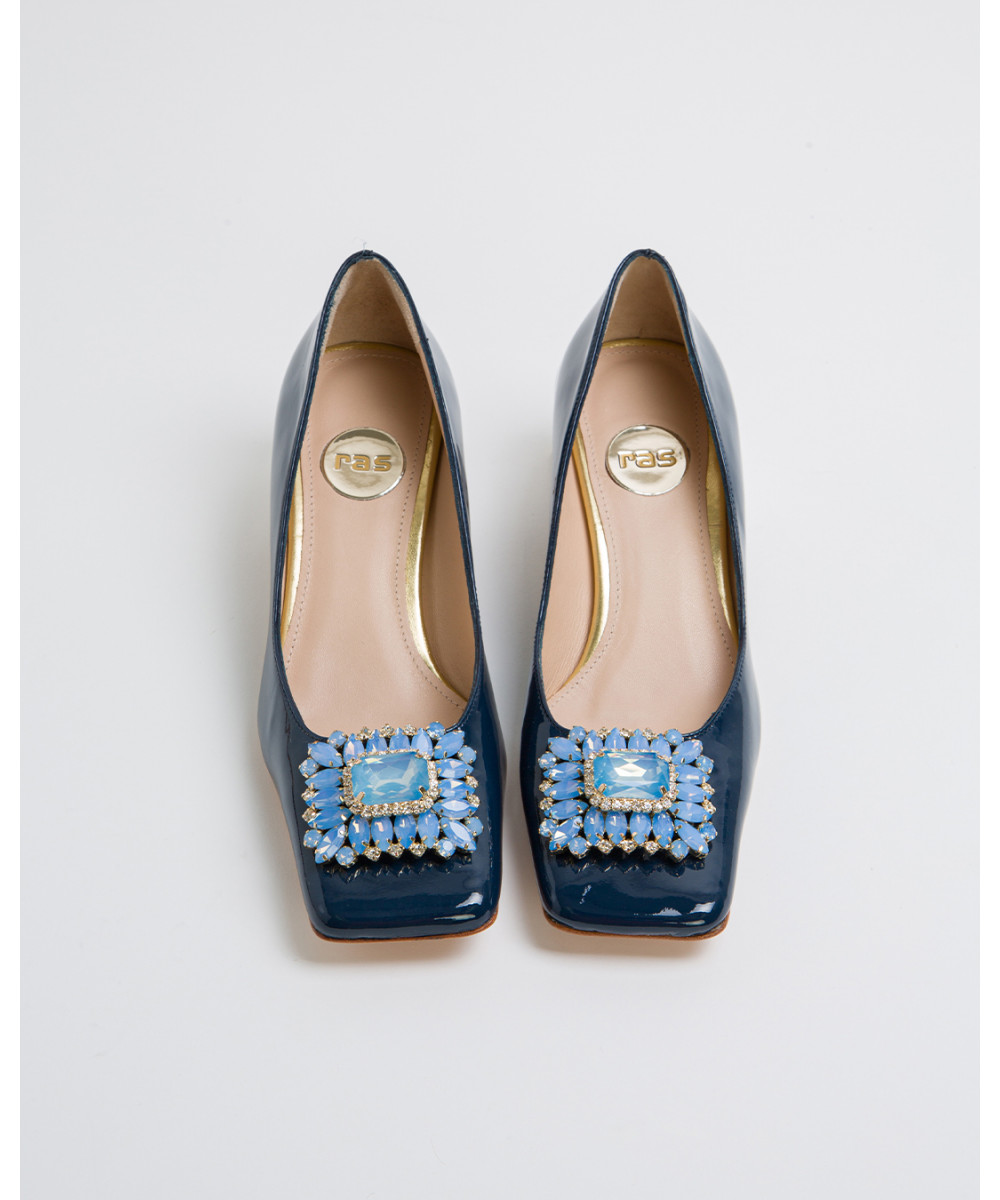 Navy soft patent leather square toe crystal-embellished pumps