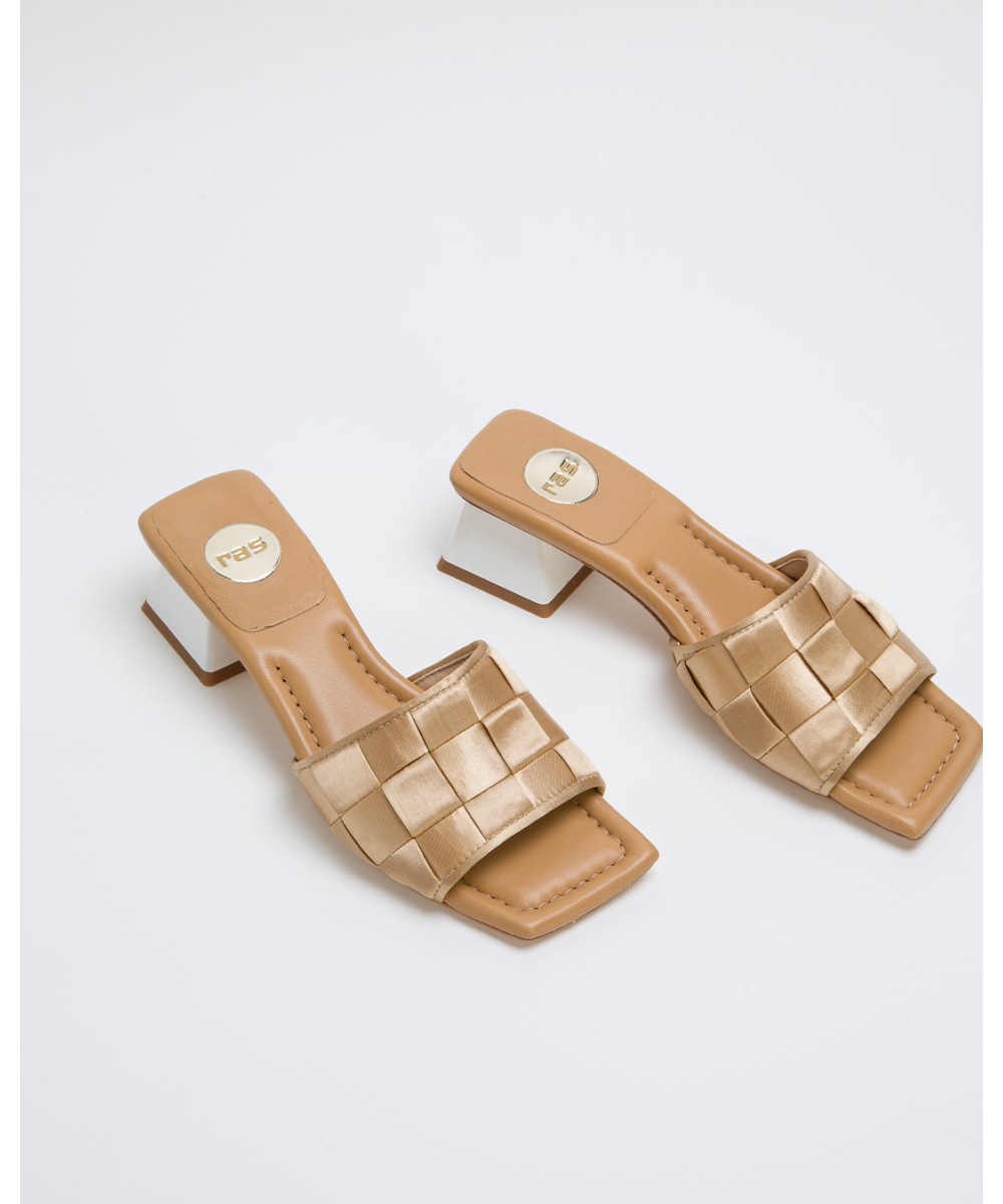 tan woven mules heels