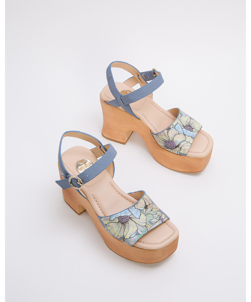 Pale blue floral printed leather platform sandals