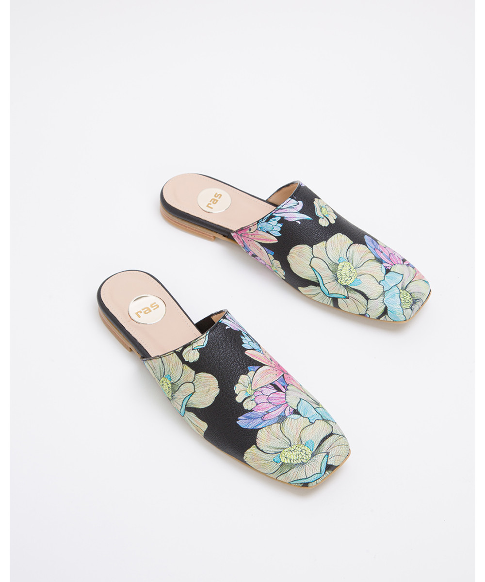 Black flower printed leather mules