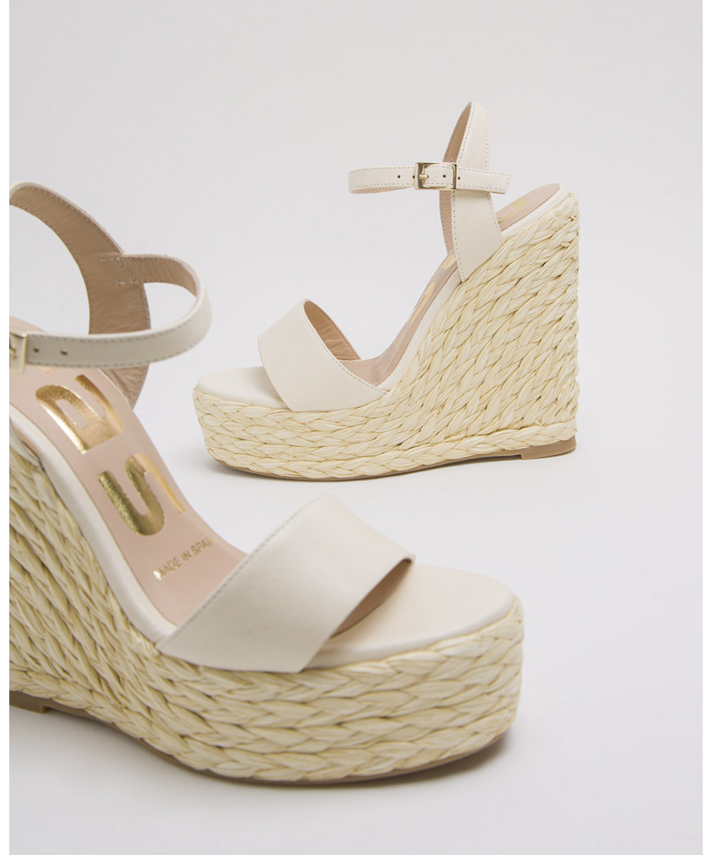 Cream leather high raffia wedges