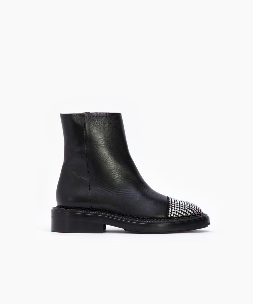 Black leather crystal-embellished toe ankle boots