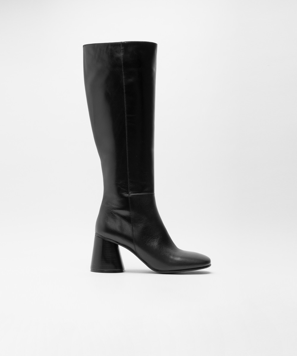 Black calf leather flared heel high boots