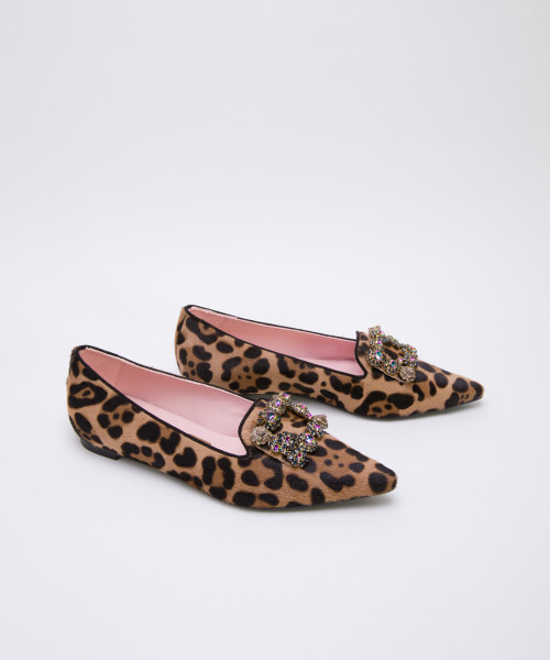 Teenage years Pointer Squeak Tan animal print hairy leather crystal-embellished flats