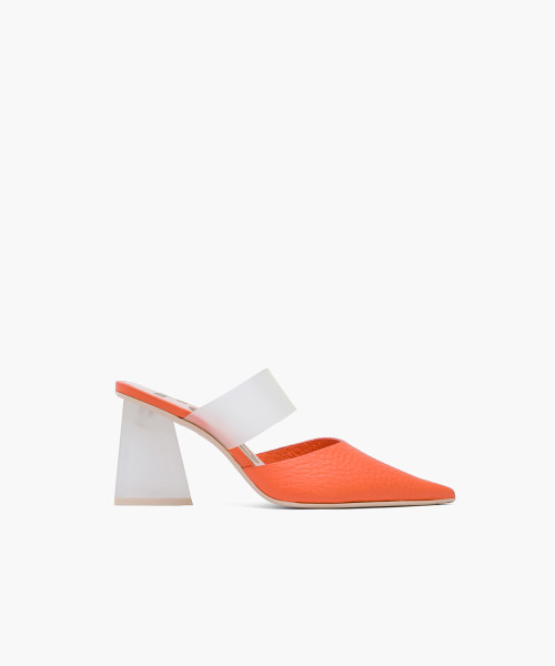 Orange grainy leather and PVC mid height mules