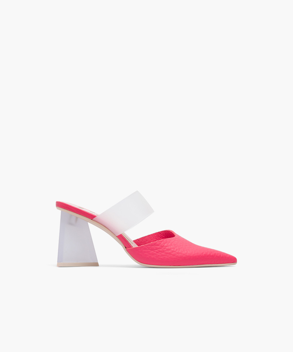 Strawberry grainy leather and PVC mid height mules