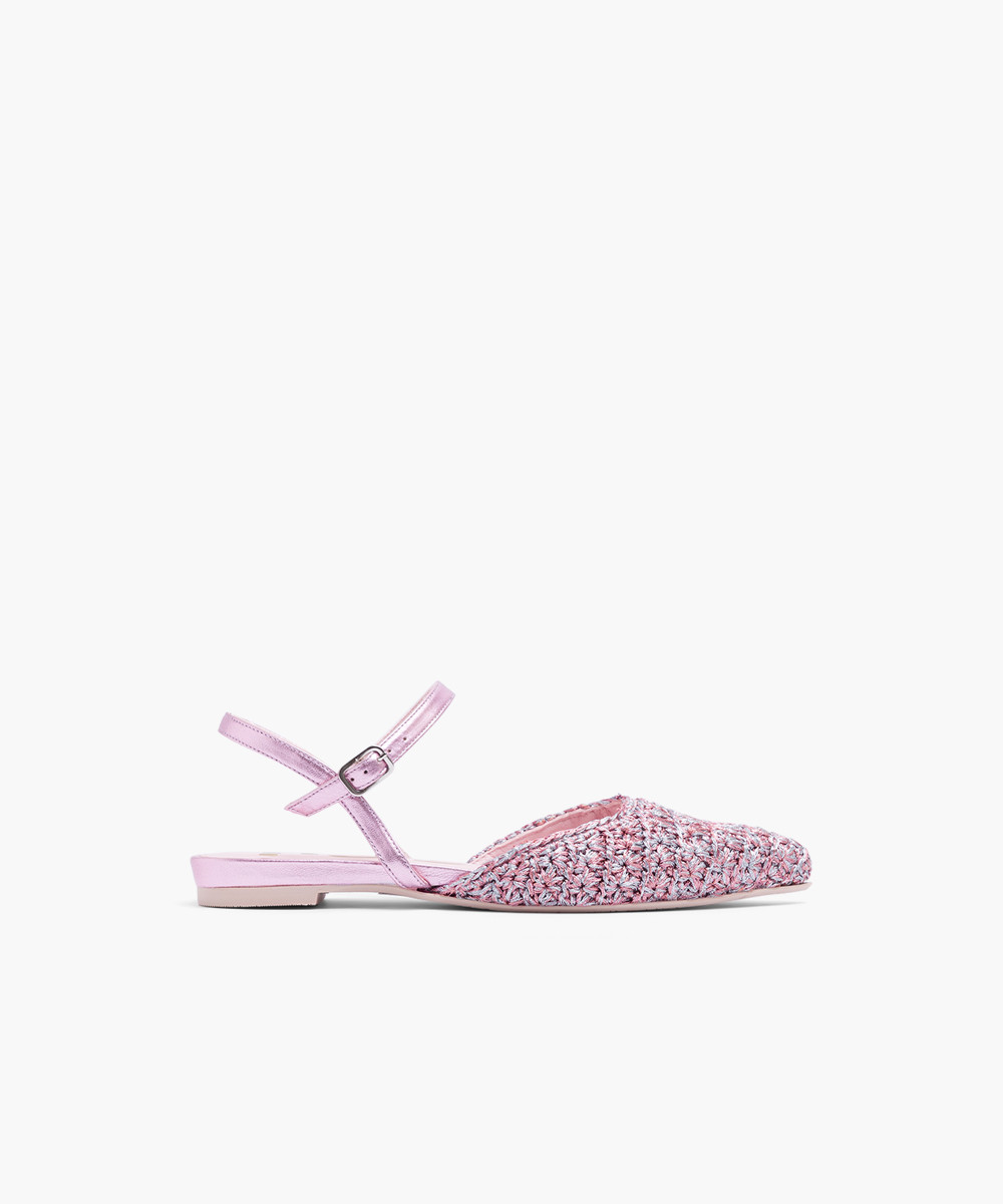 Pink metallic crochet and leather slingback flats