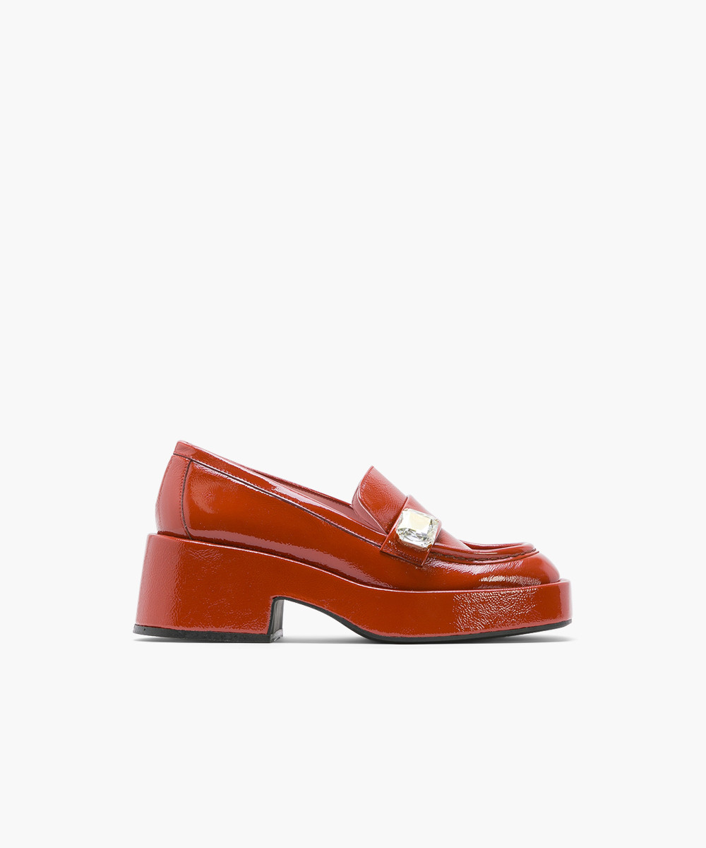 Rust crinkled patent leather jewel-embellished platform loafers