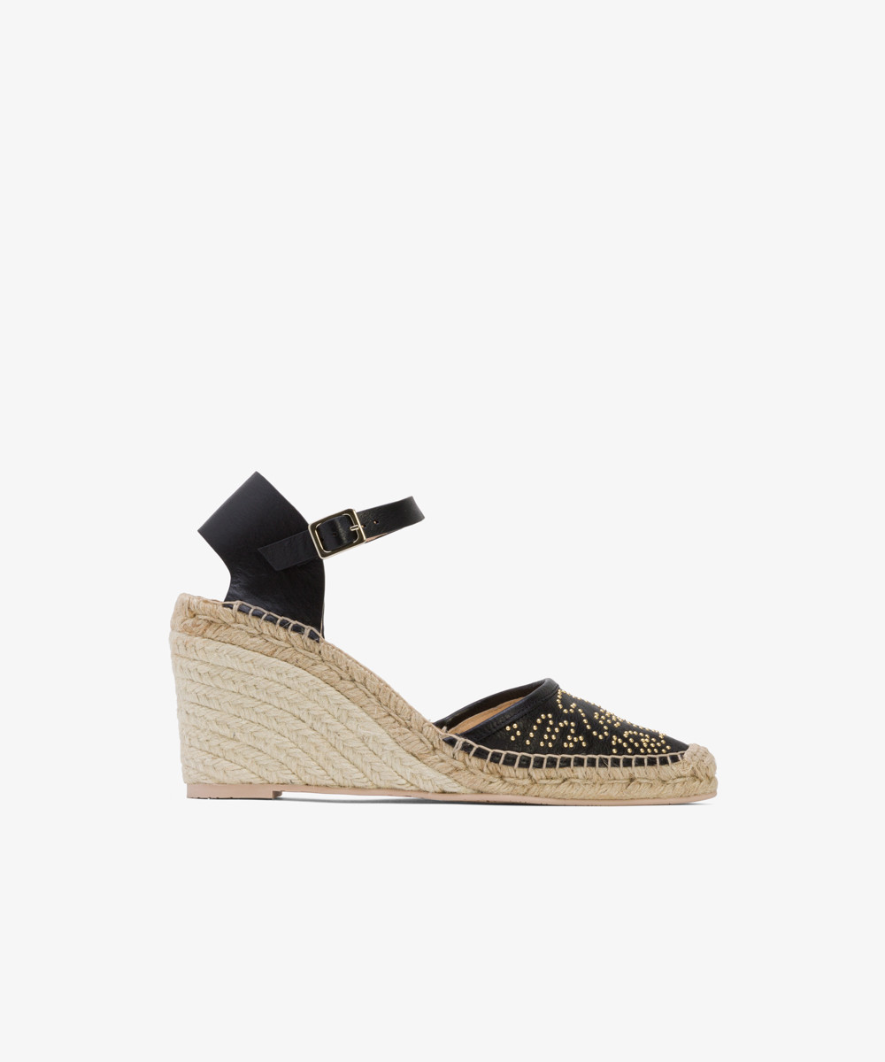 Black stud embellished leather wedge espadrilles